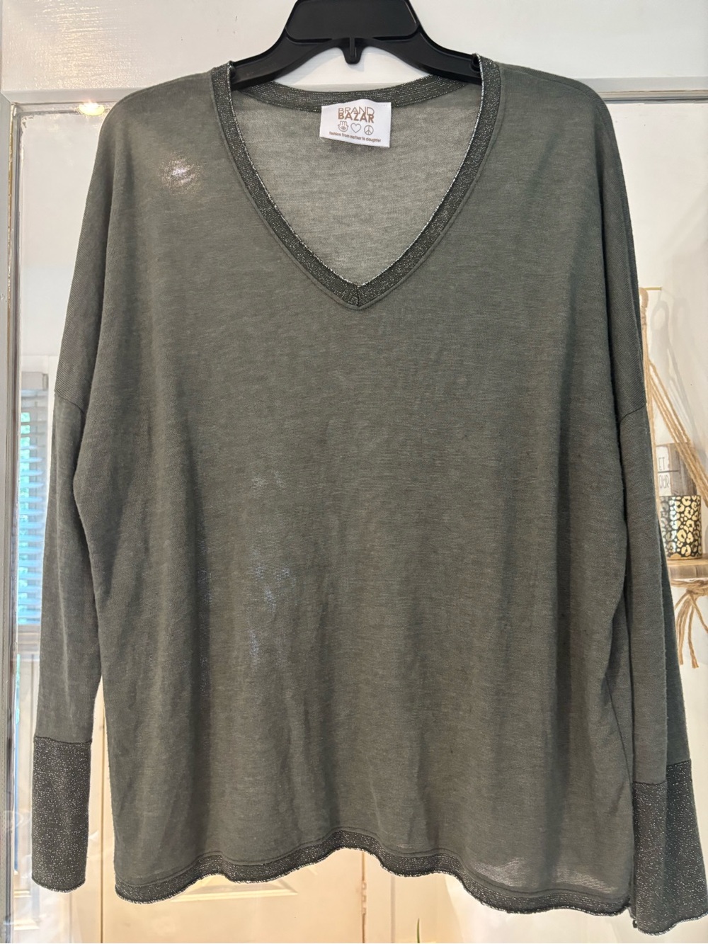 Brand Bazar Light Grey V-Neck Knit Blouse with Shimmer Trim